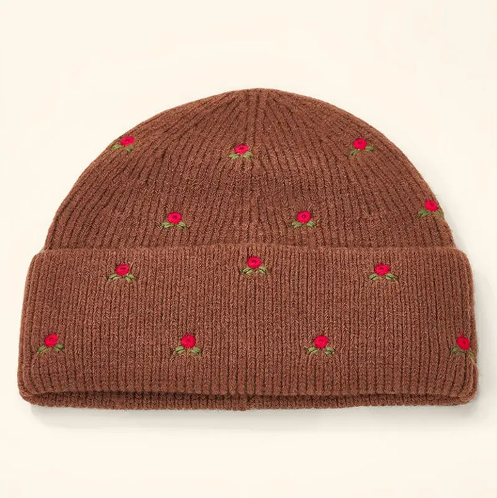 Bonnet cotelé à fleurs Brodée