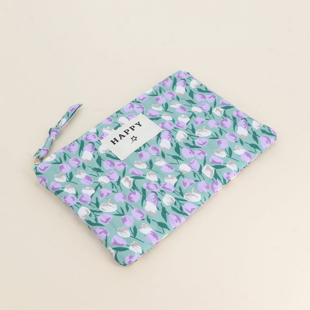 Trousse côtelée - HAPPY et étoile, motifs fleuris imprimés