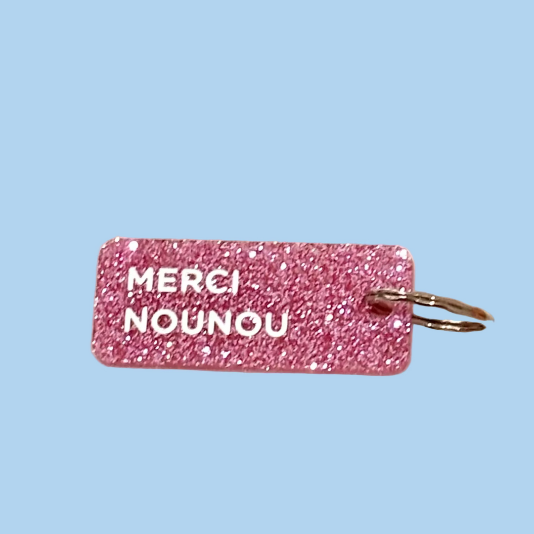 Porte-clés à paillettes - Merci nounou rose fushia