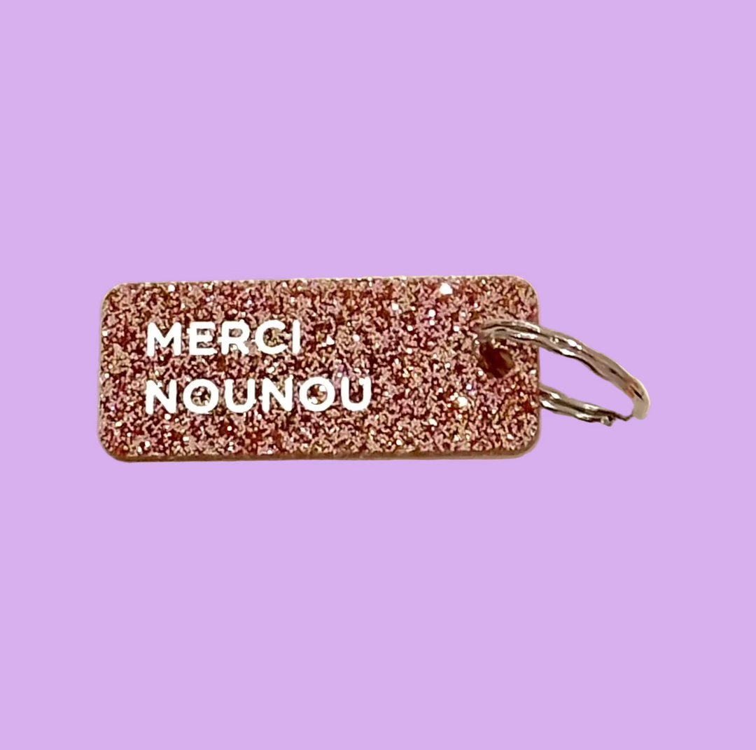 Porte-clés à paillettes - Merci nounou rose pêche