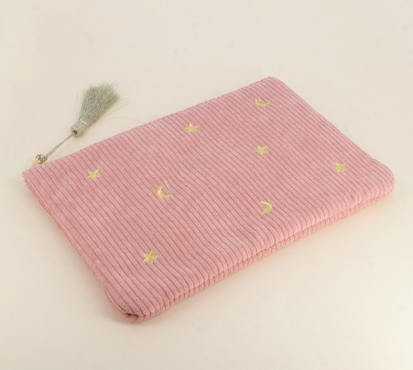 Trousse étoiles et lunes velours - Rose